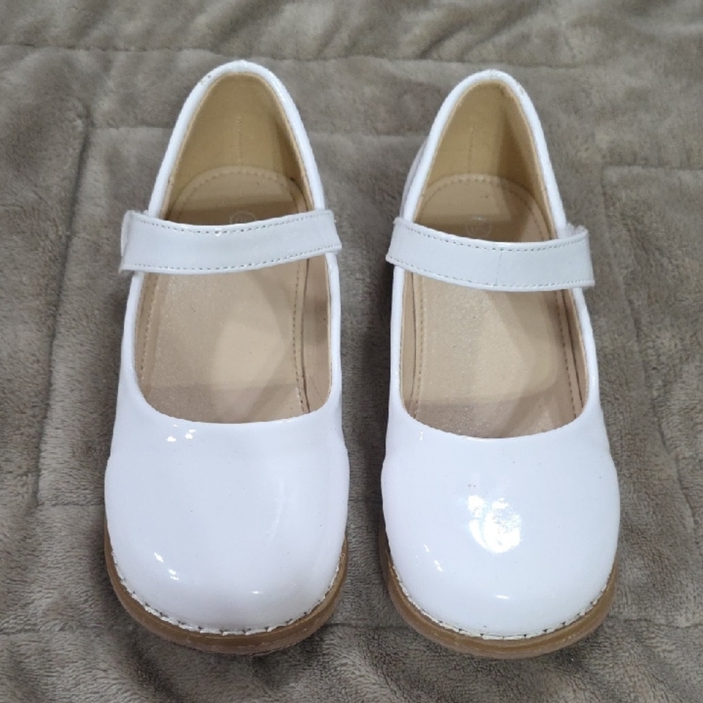 Girl's White Faux Patent Leather Mary Jane Shoes Hook/Loop Easter Sz 30/11.5 EUC